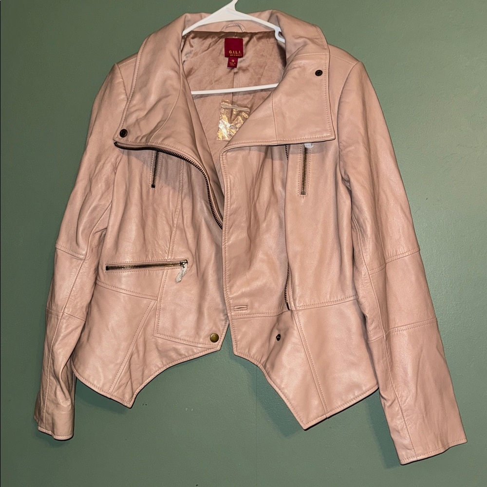 “cameo” pink G.I.L.I. women's genuine leather peplum moto jacket NEW - Picture 4 of 6